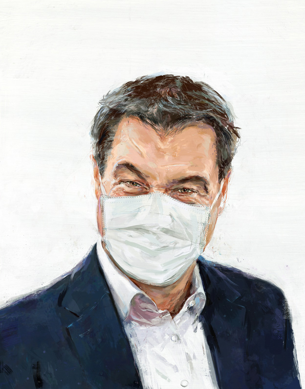 portrait painting of Markus Soeder with Covid mask  
